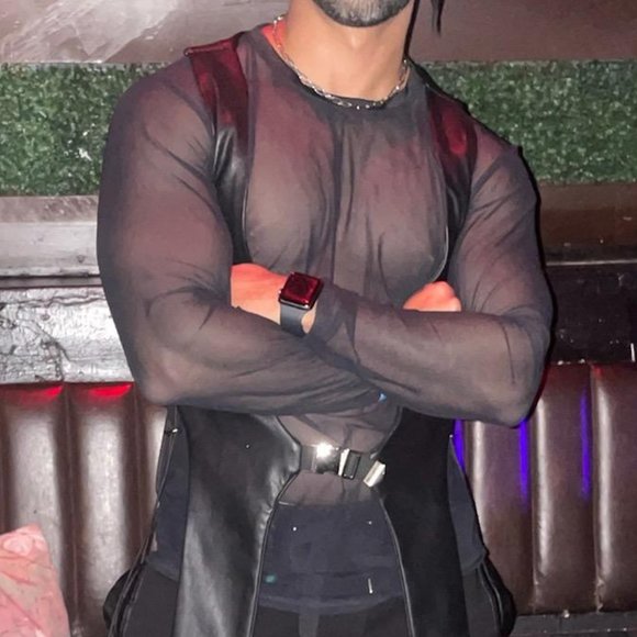 DNA MIAMI Shirts Mens Black See Through Long Sleeve Clubwear Shirt